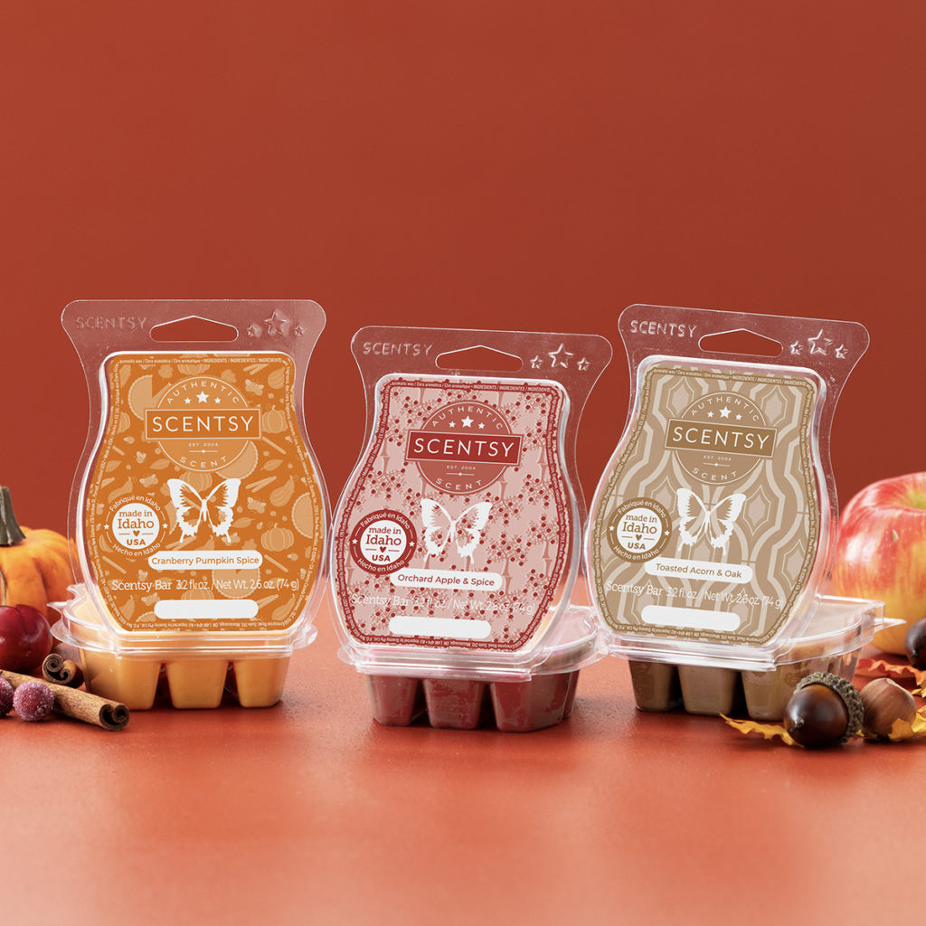 The Harvest Scentsy Bar 3-Pack includes Orchard Apple & Spice, Toasted Acorn & Oak, and Cranberry Pumpkin Spice fragrances